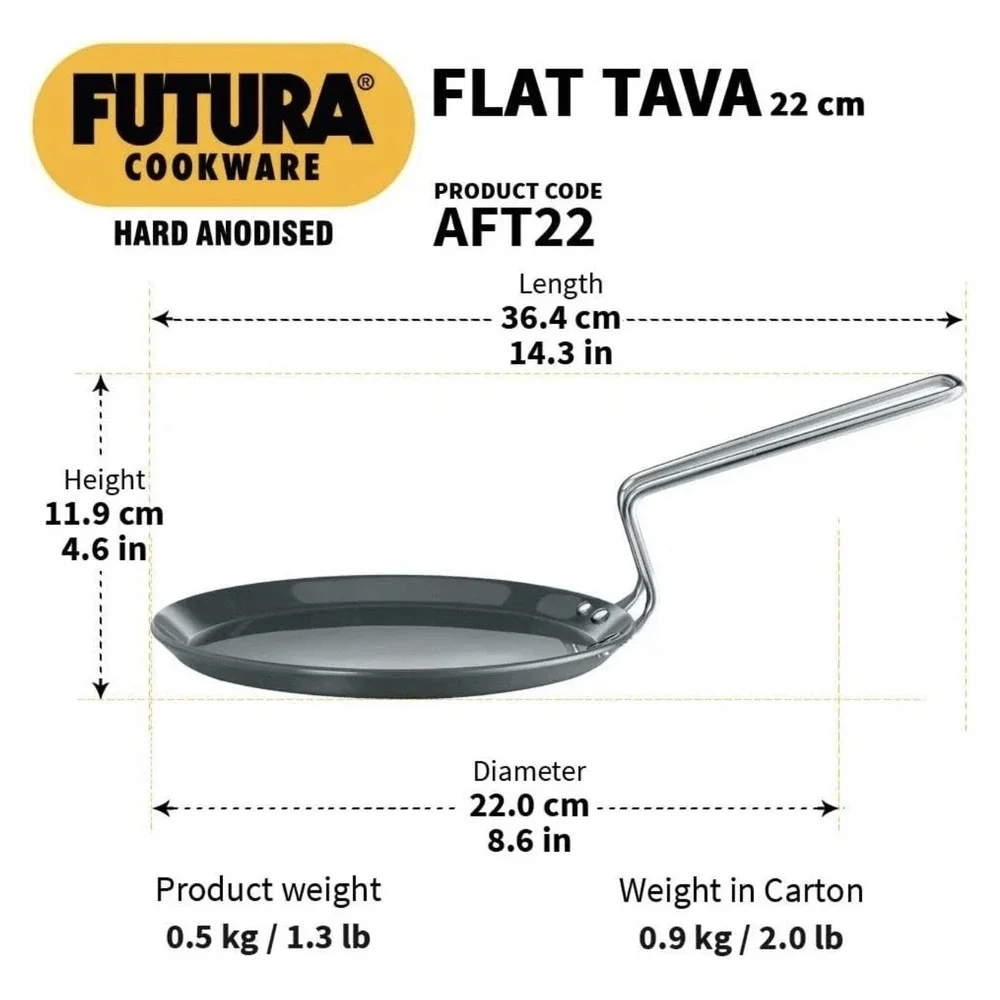 Hawkins Futura 22 cm Flat‎ Tava, Hard Anodised Tawa, (Black) AFT22